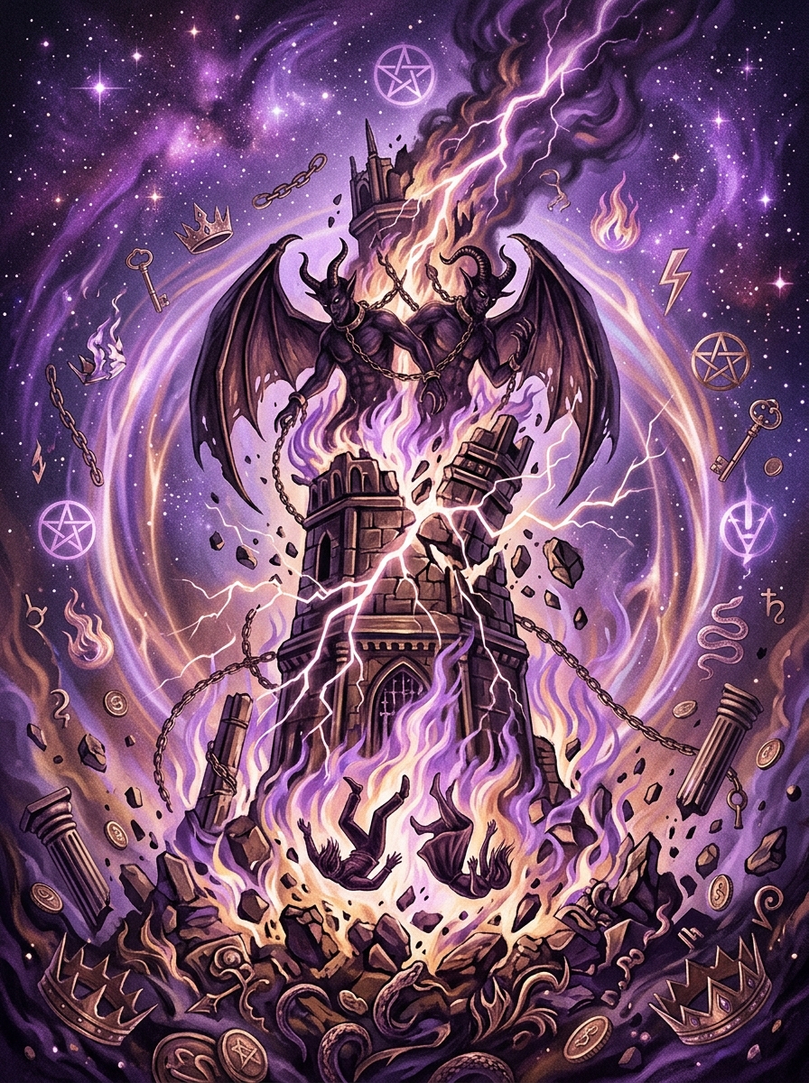 The Devil and The Tower Tarot Card Combination: Alchemy of the Shattered Ego