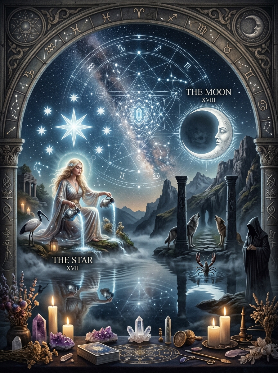 The Star and The Moon Tarot Card Combination: Hope, Illusion, and Shadow Work
